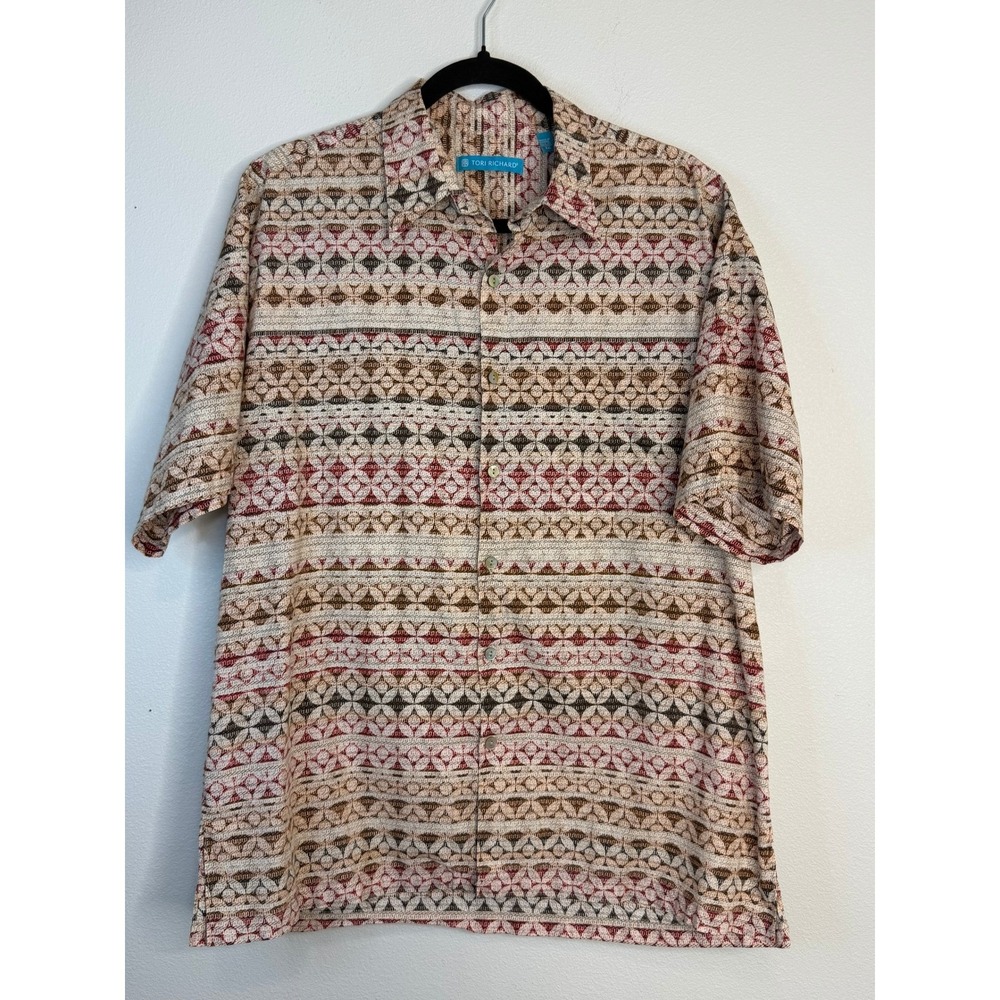 Tori Richard Mens Cotton Lawn Hawaiian Shirt Geometric Tribal Print Brown Medium
